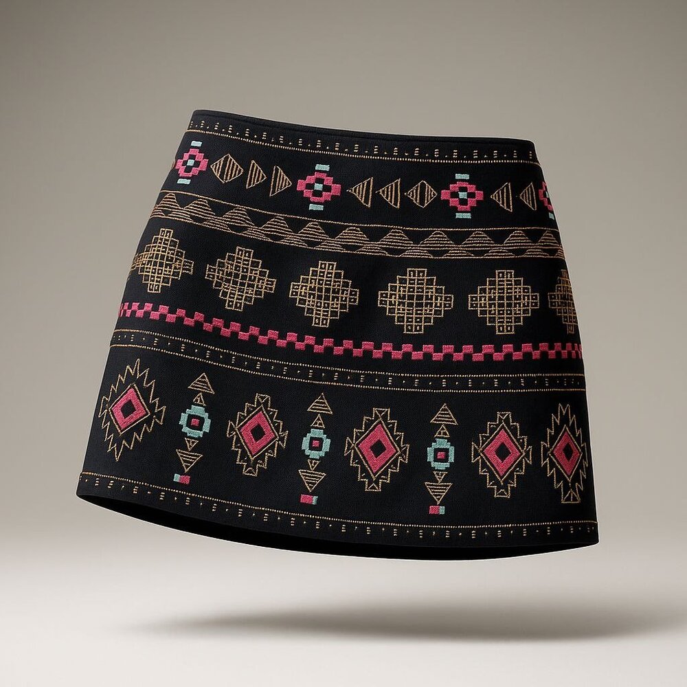 Miami Brand Embroidered Tribal Print Mini Skirt Women’s Medium Black Multicolor